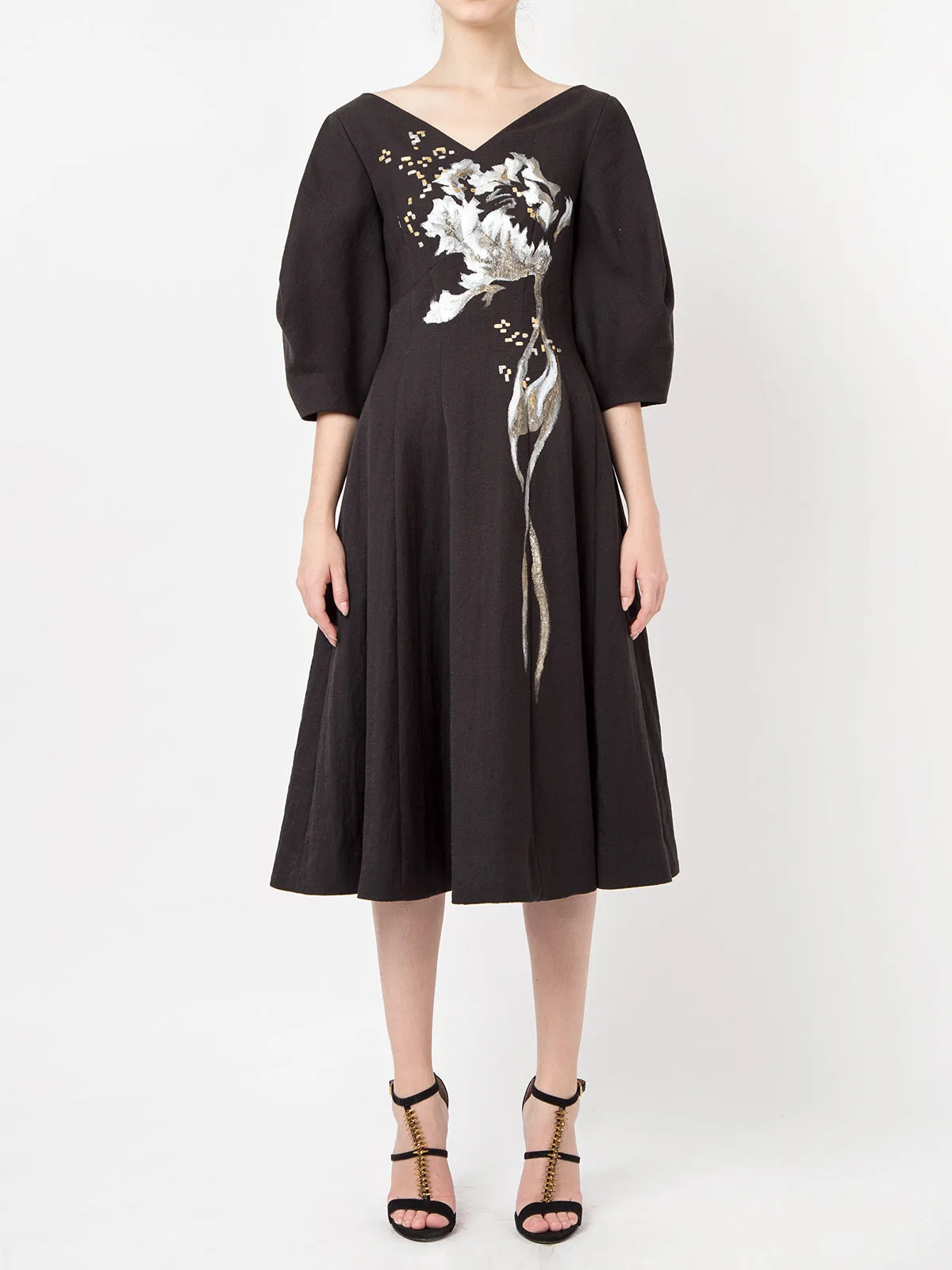 WILDFLOWER-PAINTED VOLUMINOUS SLEEVE MIDI DRESS
