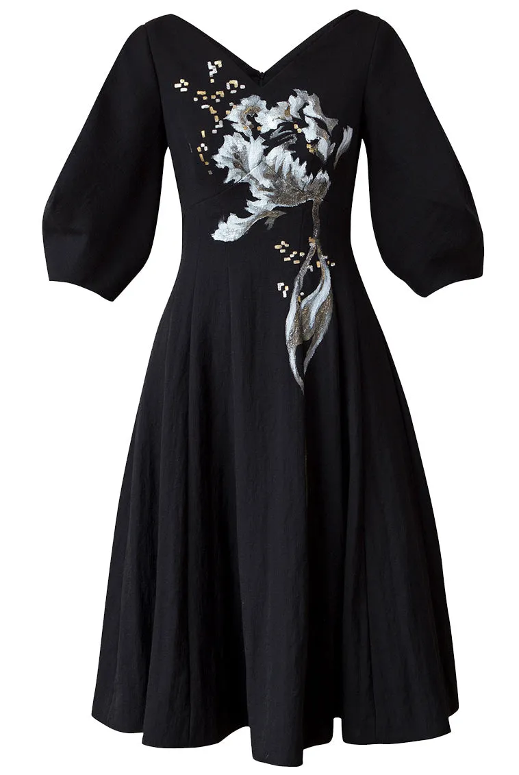 WILDFLOWER-PAINTED VOLUMINOUS SLEEVE MIDI DRESS
