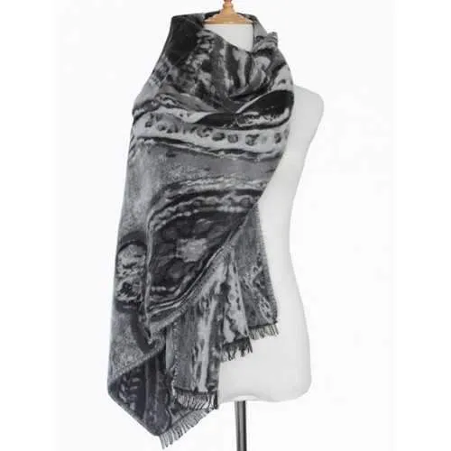 Winter Ethnic Mural Pattern Fringed Shawl Scarf - Gray