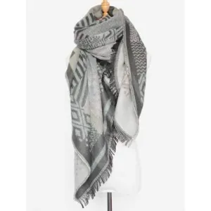Winter Geometry Fringed Shawl Scarf - Light Gray