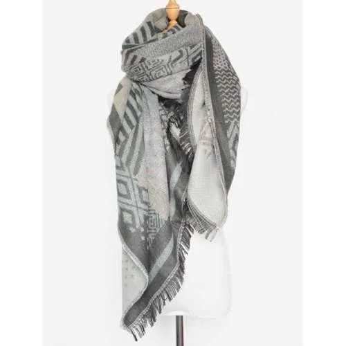 Winter Geometry Fringed Shawl Scarf - Light Gray