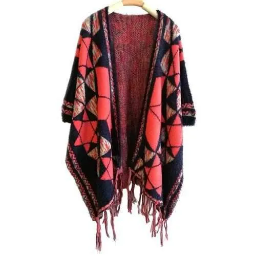 Winter Tassel Geometry Pattern Cape Pashmina - Deep Blue One Size(fit Size Xs To M)
