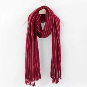 Winter Vertical Stripe Pattern Fringe Scarf - Cerise