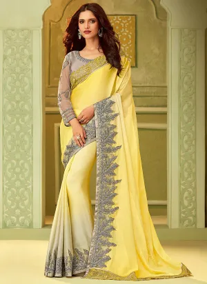 Yellow And Grey Shaded Minimalist Embroidered Saree