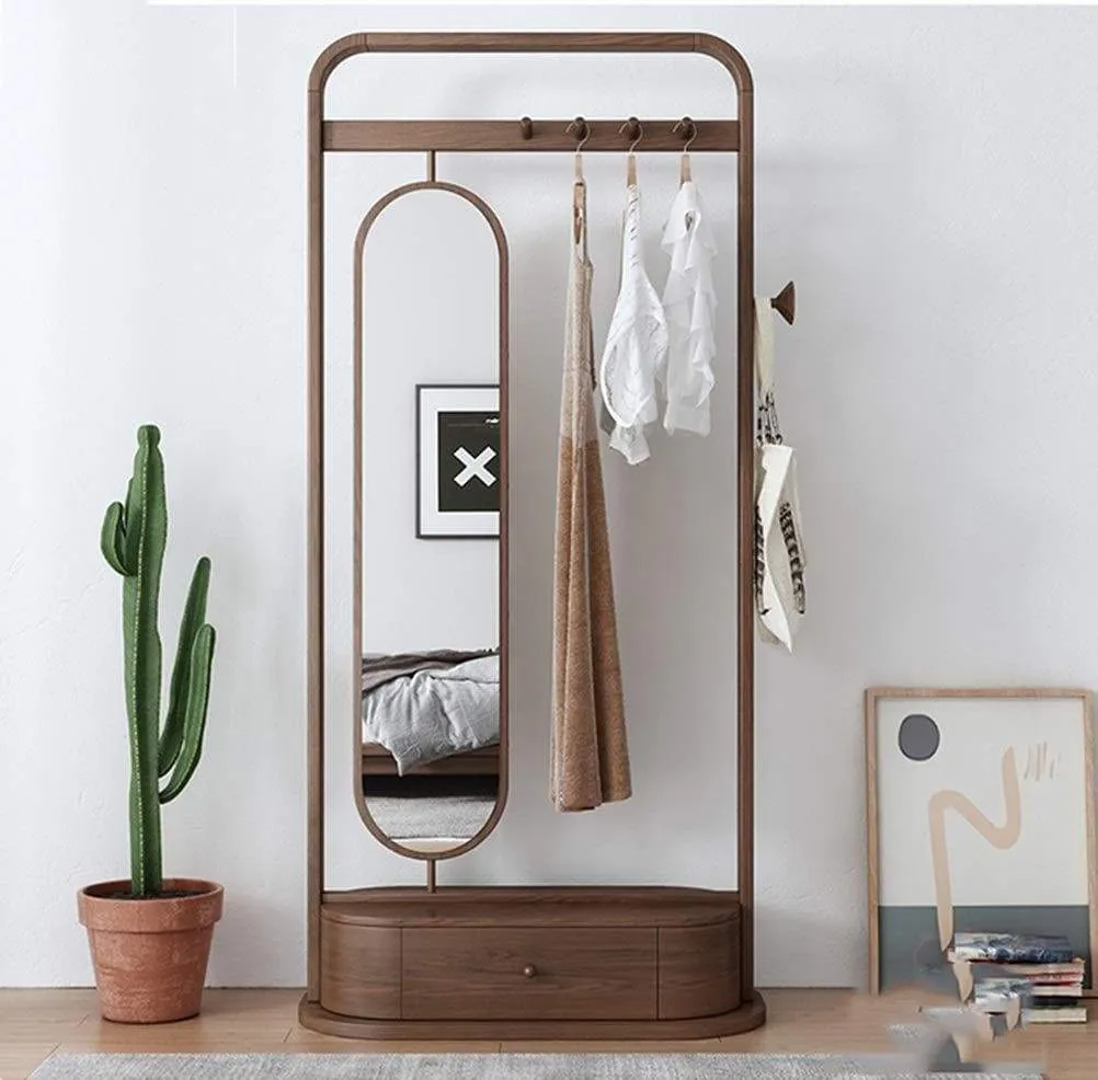 ZCYX Mirror Body Household Dressing Mirror Wood Hanger Bedroom Multi-Purpose Coat Rack Storage Rack - Hanger Hooks (Color : A)